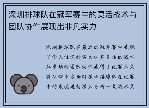 深圳排球队在冠军赛中的灵活战术与团队协作展现出非凡实力