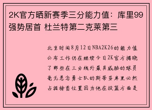 2K官方晒新赛季三分能力值：库里99强势居首 杜兰特第二克莱第三